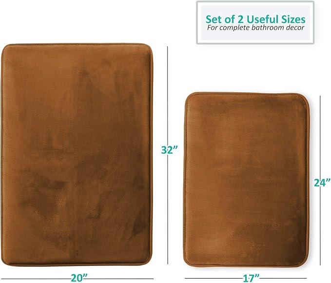 Clara Clark 2 Piece Bathroom Rugs Bath Mat Set, Velvet Memory Foam Bath Mats for Bathroom - Non-Slip, PVC Backing Bath Rugs, Washable - Dries Quickly, Brown