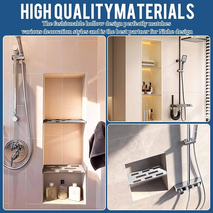 Rectangular Shelf for 12 Inch Tile Prefabricated Niches, Shower Niche Shelf with Mirror Effect 316 Stainless Steel Finish, Fits 1/8 inch Grout Lines Shower Niche Insert