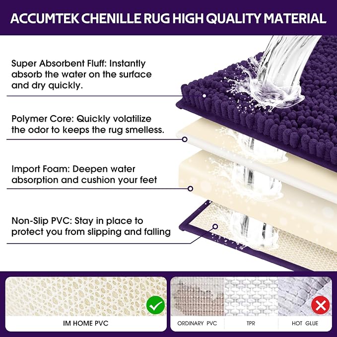 ACCUMTEK Upgrade Luxury 2 Piece Dark Purple Toilet Bathroom Rug Mat 48"x20"+24"x17", Ultra Soft Thick Absorbent Bath Mats, Non Slip Chenille Toilet Mat for Bathroom, Bedroom, Kitchen, Shower, Tub
