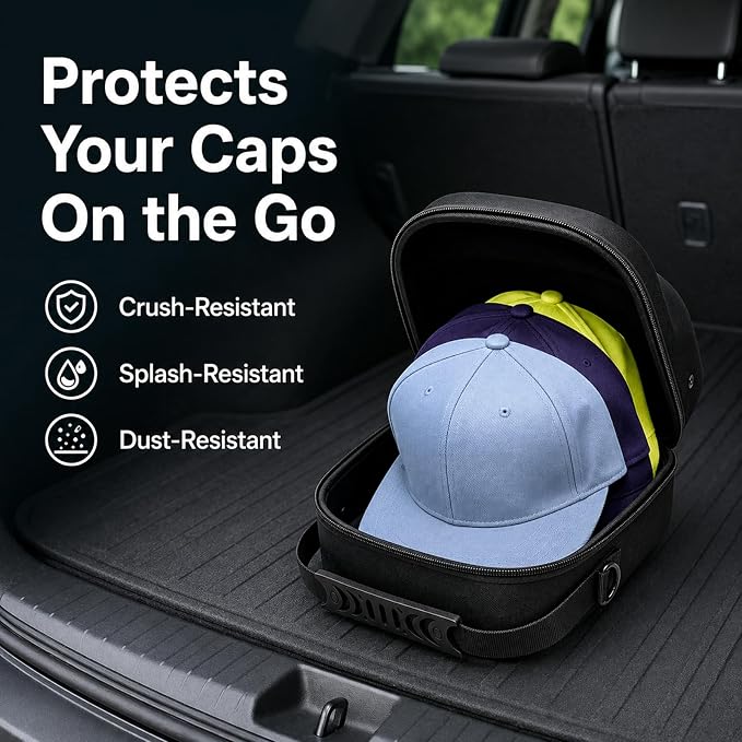 Hard Hat Travel Case for Up to 3 Baseball Caps - Premium Hat Storage Organizer Carrier with Handle and Shoulder Strap, Compact, Carry-on Travel Friendly, Crush-Proof, Black