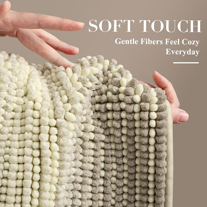 Bathroom Rugs, 17x24 Chenille Bath Mats, Sand | Extra Soft Absorbent, Non Slip Striped, Quick Dry Machine Washable, Shower Rug for Bathroom Bedroom Decor
