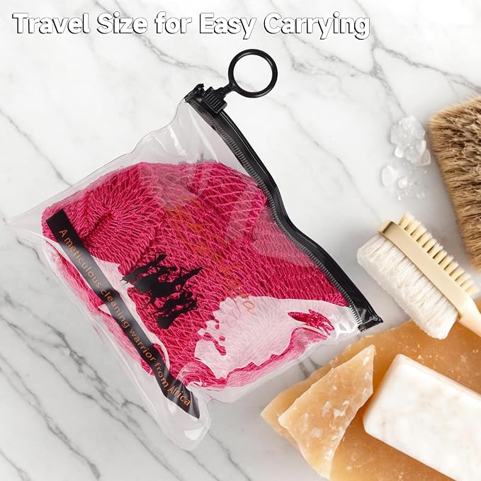 Authentic African Net Sponge, 2 Pack 45-Inch Exfoliating Bath Sponge and Shower Loofah for Body and Back, Colorfast Quick-Dry Knotted Mesh Scrubber with Travel Pouch (Black & Pink)