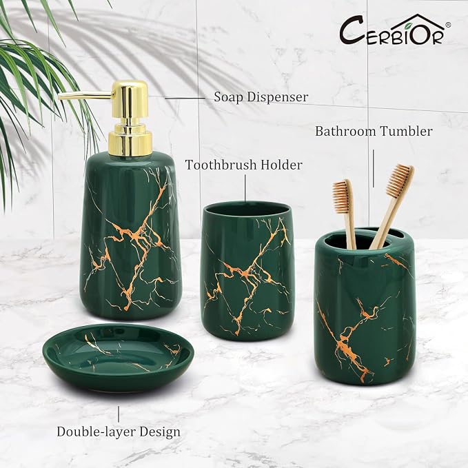 CERBIOR Bathroom Accessories Set,4 Pcs Ceramic Bathroom Accessory,Green | Includes Toothbrush Holder, Toothbrush Cup, Soap Dish for Decorative Countertop and Housewarming Gift