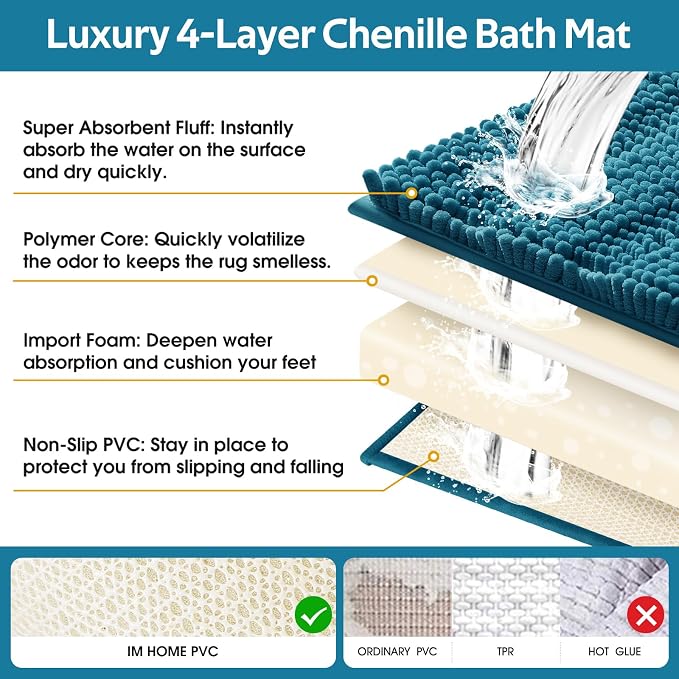 ACCUMTEK Comfydew Striped Teal Blue Bathroom Rug Set 3 Pieces Ultra Soft, Non Slip Chenille Toilet Mat, Absorbent Plush Shaggy Bath Mats for Bathroom, Bedroom, Kitchen