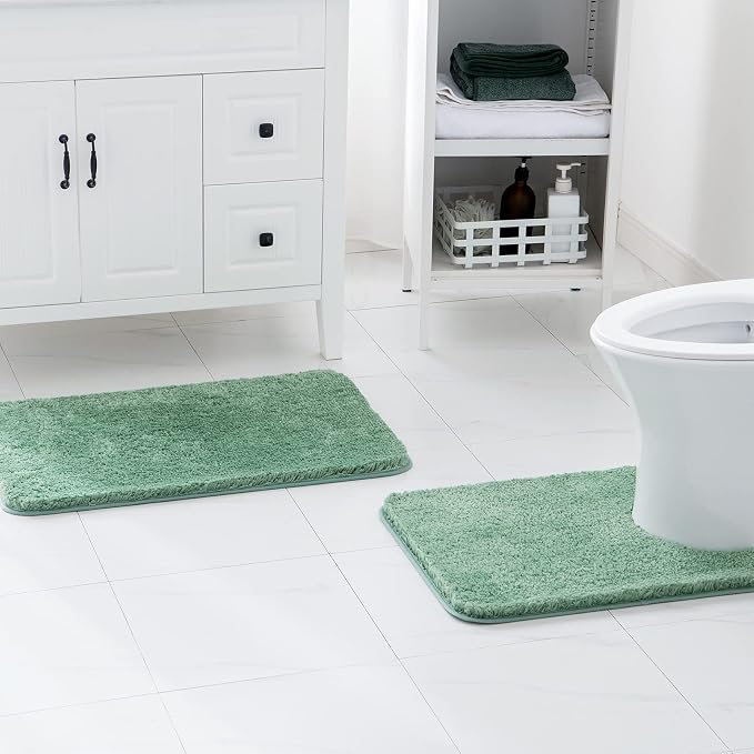 MIULEE Sage Green Bathroom Rugs Set 2 Piece Soft Bath Mats 20x24+20x30 Inch | Absorbent Microfiber Bath Mat and U-Shaped Toilet Rug, Non Slip, Quick Dry, for Bathroom Floor Tub Showers, Machine Washable