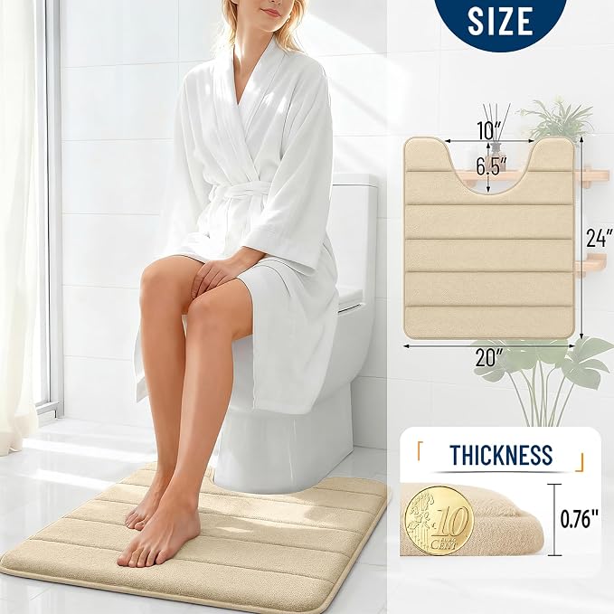 OLANLY Memory Foam Toilet Rugs U Shaped 24x20, Super Soft and Absorbent | Beige, Quick Dry Commode Contour Bath Rugs, Machine Washable Toilet Mat, Comfortable Bathmat Carpet for Bathroom Floor