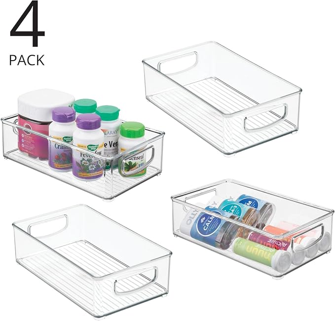 mDesign Plastic Storage Organizer Shallow Container Bin with Handles for Bathroom, Kitchen Cabinet, Pantry, Home Organization - Holds Vitamins, Supplements, Makeup - Ligne Collection - 4 Pack - Clear