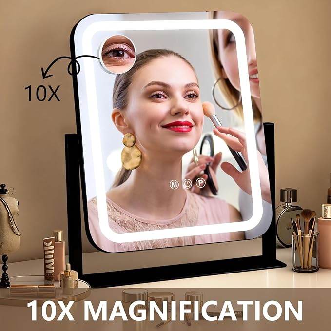 Ratsamee Black Vanity Mirror with Lights 15"×13", Led Makeup Mirror, Lighted Makeup Mirror with 3 Color Dimmable Lights, Smart Touch Screen Control, 360°Rotation