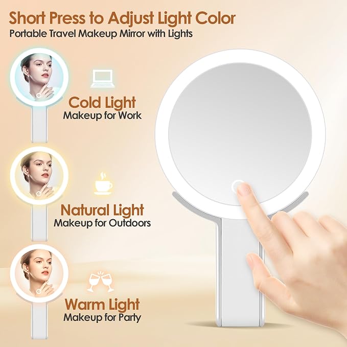 MIYADIVA Travel Makeup Mirror with Lights, Height Adjustable 30X/1X Double-Sided Magnifying Mirror, Portable Vanity Mirror with Phone Holder, Handheld Tabletop Hanging, White