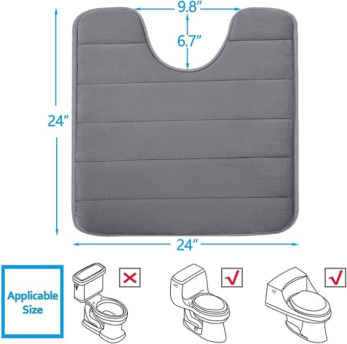 Buganda Memory Foam U-Shaped Toilet Rugs 24 x 24, Absorbent Bathroom mat | Grey, Thick Soft Machine Washable toilet mat for bathroom, Contour Bath Rugs Mat for Toilet Base