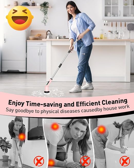 Electric Spin Scrubber for Bathroom, Shower Scrubber with Long Handle | Shower Cleaner Brushes, IPX7 Waterproof & 2 Speed, 8 Brush Heads, 90min Runtime, Bathroom Cleaning Supplies for Toilet Tub