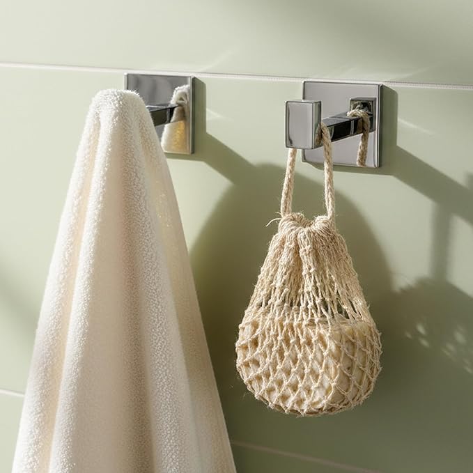 Flybath Square Coat Hook SUS 304 Stainless Steel Towel Robe Door Hooks Wall Mounted Self Adhesive No Drilling, Mirror Polished - 2 Pack