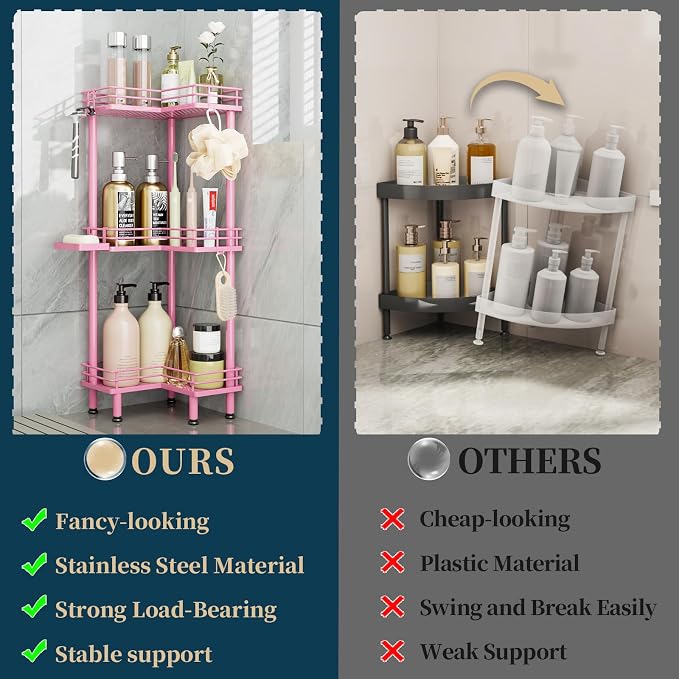 Consumest Corner Shower Caddy Standing - 3-Tier Stainless Steel Shower Organizer with Soap Holder and 4 Hooks, Large Capacity Corner Shelf Stand for Bathroom, Rest Room, Pink