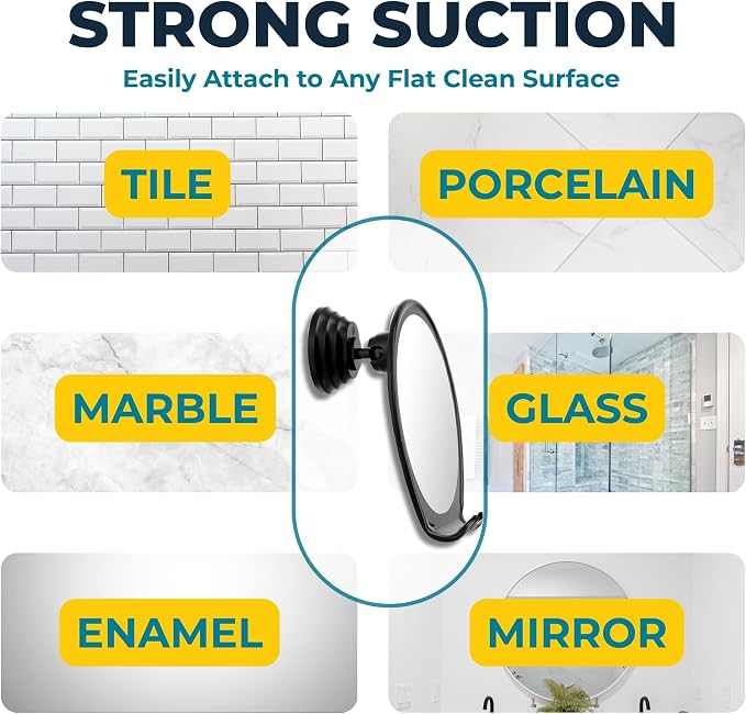 HONEYBULL Fogless Shower Mirror for Shaving with Suction Mount, Black | Shatterproof Acrylic Bathroom Accessory With 360 Swivel & Built-in Razor Hook, Clear Reflection in Steam & No-Drill Setup
