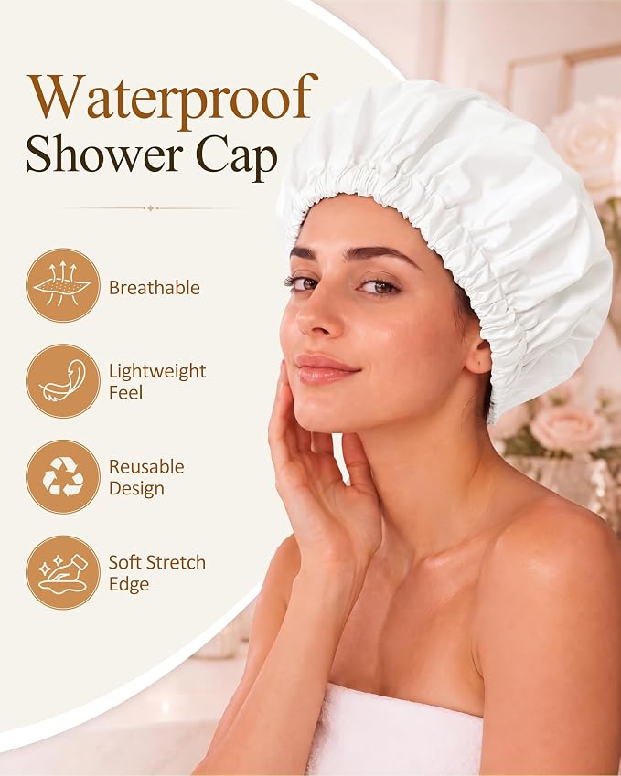 Edoneery Shower Caps for Women Reusable Waterproof, Shower Hair Cap | Washable Bonnet, Wide Elastic Band, Large Fit, Holds Long Hair, Braids Friendly, Bath Accessories, Spa, Travel