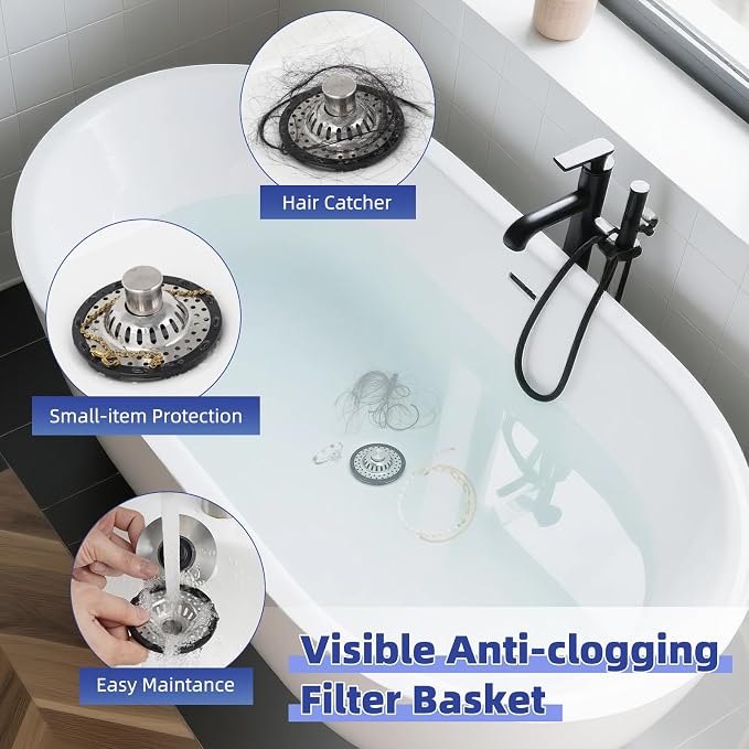 2PCS Universal Metal Bathtub Drain Stopper Top Hair Catcher, Brushed Nickel | Shower Drain Tub Stopper with Stainless Steel Visible Filter Basket, Upgraded 3 in 1 Pop-up Drain Plug for 1.5 to 2.4" Hole