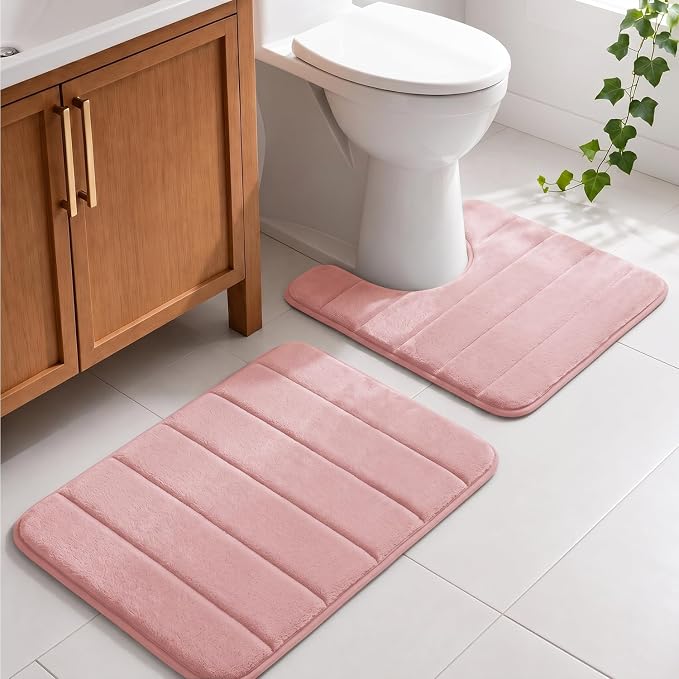U-Shaped Toilet Bath Mat Set 2 Piece - Super Soft Absorbent Quick Dry Memory Foam Bathroom Rugs, Machine Washable Non Slip Floor Carpet for Tub Shower & Single Sink 16x24 & 20x20,(Pink)