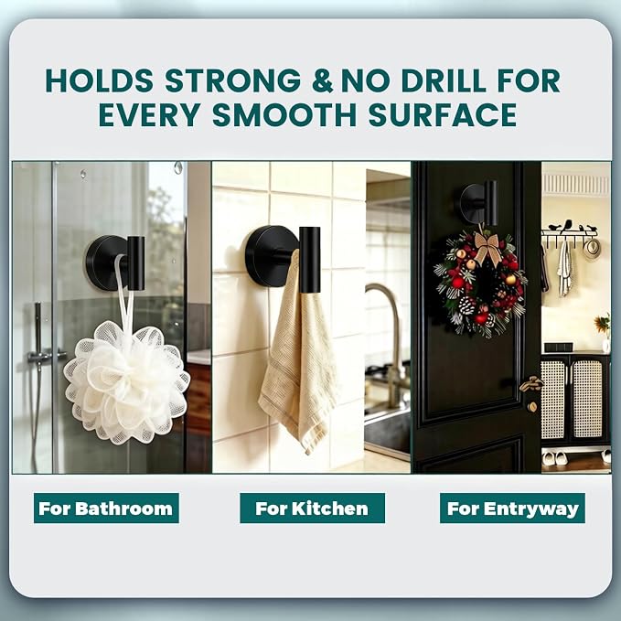 Suction Cup Hooks for Shower - Heavy Duty Matte Black Bathroom Hooks for Glass Door, 4 Pack No Drill & No Damage Waterproof Hooks for Tile, Rustproof for Towels & Door Wreaths