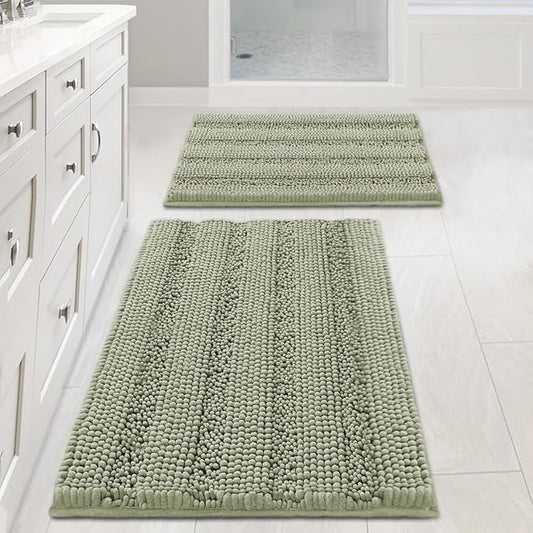 H.VERSAILTEX Bathroom Rug Sets 2 Piece Bath Mats Non Slip Thick Soft Chenille Striped Bath Rug achine Washable Shower Floor Rugs for Tub, Shower and Floor (Eucalyptus Green, 20" x 32"/17" x 24")