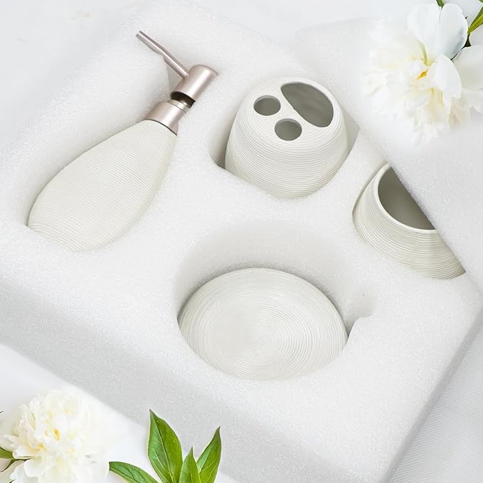 CERBIOR Bathroom Accessories Set,4 PCS Ceramic Bath Accessory,White | Includes Toothbrush Holder, Toothbrush Cup, Soap Dish for Decorative Countertop and Housewarming Gift