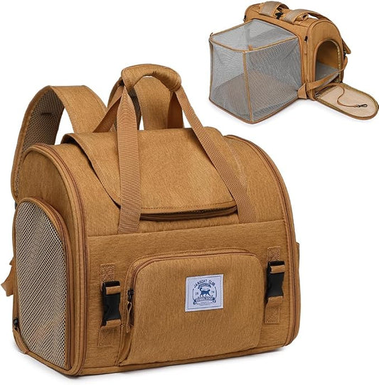 Pet Backpack Carrier for Small Dogs Medium Cats, Puppies,Breathable and Collapsible Design, Portable Travel Bag for Bearded Dragon,Rabbit Cage (Brown +Two-Shoulder, Small)