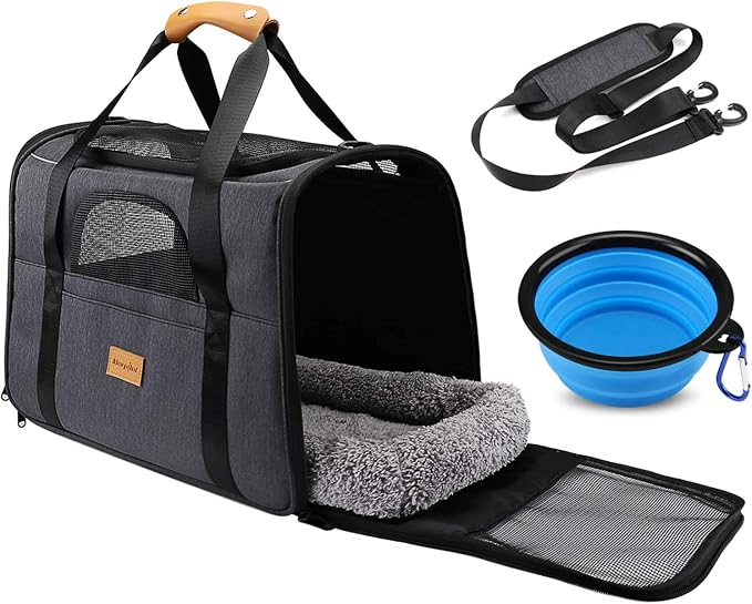 Morpilot Cat Carrier - Airline Approved, Top Opening Portable Dog Bag with Breathable Mesh/Removable Mat, Adjustable Shoulder Strap & Bowl, Foldable Travel Cage, M, Grey