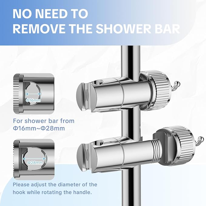 OFFO Shower Head Holder, Adjustable Handheld Shower Head Holder with 2 Hooks for 0.79-0.9 in Shower Hose, 360 Degree Rotation Shower Handle Holder for 0.63-1.1 in O.D. Shower Slide Bar, Chrome