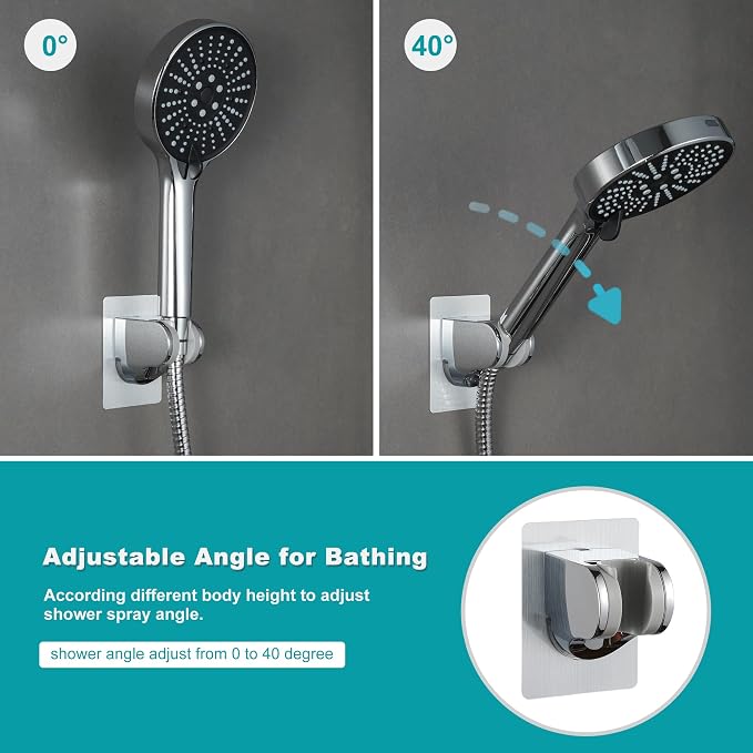 GwernKB Shower Head Holder Strong Adhesive No Drilling Wall Mount Adjustable Handheld Showerhead Bracket for RV Kids Bathroom Shower,Fix Firmly and Use Conveniently (Silver, 1)