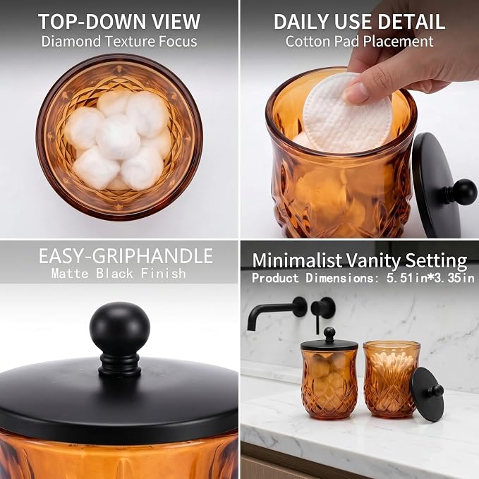 2 Pack Glass Qtip Holder Dispenser Set,Round Bathroom Apothecary Jars with Matte Black Lid for Cotton Swabs, Balls, Pads, Floss Picks, Vanity Storage Container for Makeup, Candy, Jewelry(10 Oz, Amber)