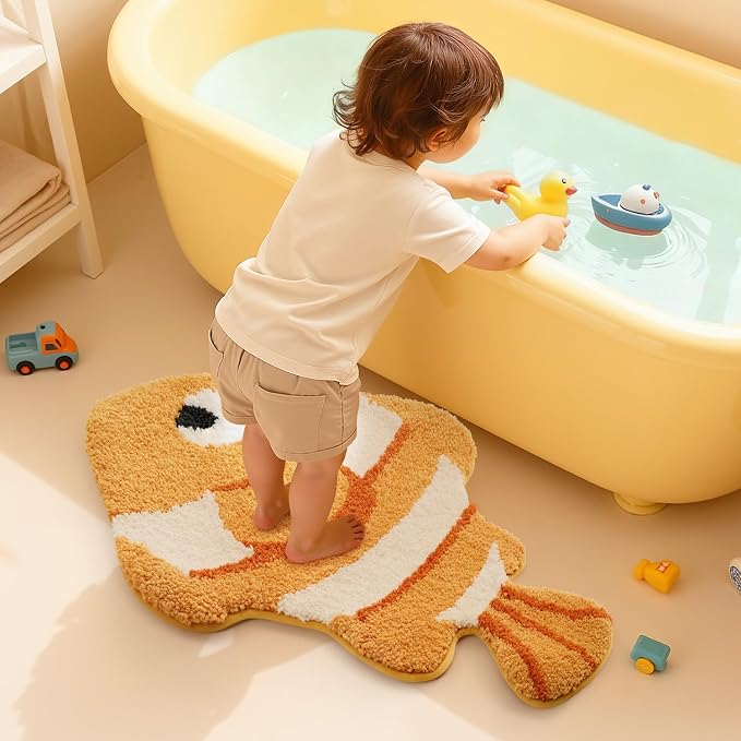 LUMI Cute Animal Bathroom Rugs, Plush Absorbent Bath Mats for Bathroom, Non-Slip Backing Washable Bath Mat, Ideal for Shower Sink Bathtub Room Decor, 20"x35", Clownfish