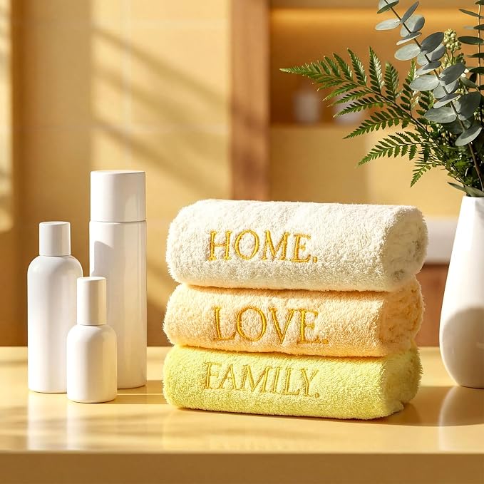 3 Pcs Hand Towels Bathroom Set,Yellow,Home Love Family | Embroidered Cotton Farmhouse Towels, Kitchen Decor, Rustic Boho Decorative with Text Labels, Guest Bath Home