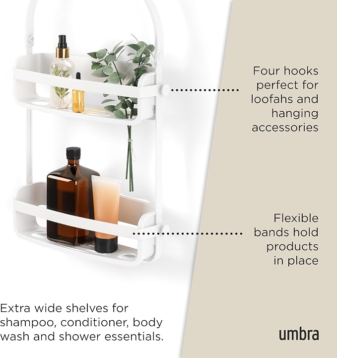 Umbra Flex Shower Caddy, Hanging 2 Shelves Bathroom Organizer, White | Flexible silicone bands, drainage system, mold resistant, bottle collars, overhead mount