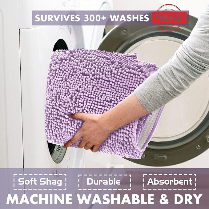 LuxUrux 3 Piece Bathroom Rug Set, Non-Slip Shaggy Chenille, Lavender, Includes U-Shaped Contour Toilet Mat, 20 x 30'' and 16 x 24'' Bath Mats, Machine Washable