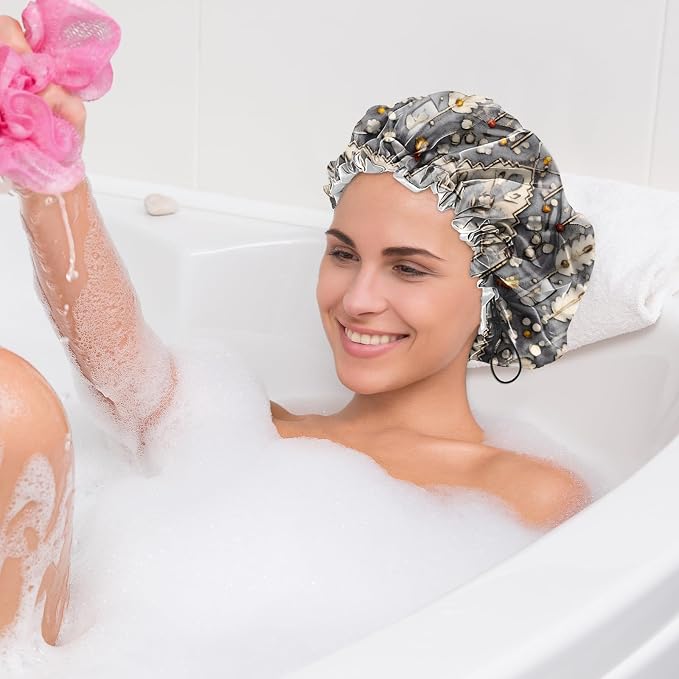 2 PCS Shower Cap Waterproof Double Layer Elastic Adjustable Reusable Hair Bath Caps for Girls Women Cute Aesthetic-Red