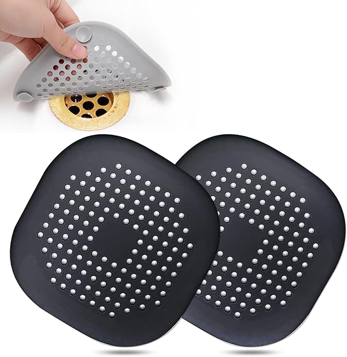 Bovinde Hair Drain Catcher,Square Cover for Shower 2 Pack (Black) | Drainer Cover Silicone Hair Stopper with Suction Cups,Protector Accessories,Easy to Install Suit for Bathroom,Bathtub,Sink