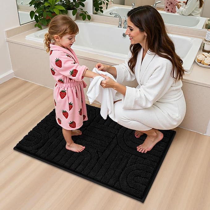 Vaukki Black Bathroom Rugs Sets 3 Piece, 32x20+26x18+24x20 Inch | Washable Non Slip Soft Bath Mats for Shower and Tub, Plush Absorbent Microfiber Toilet Rug U Shaped