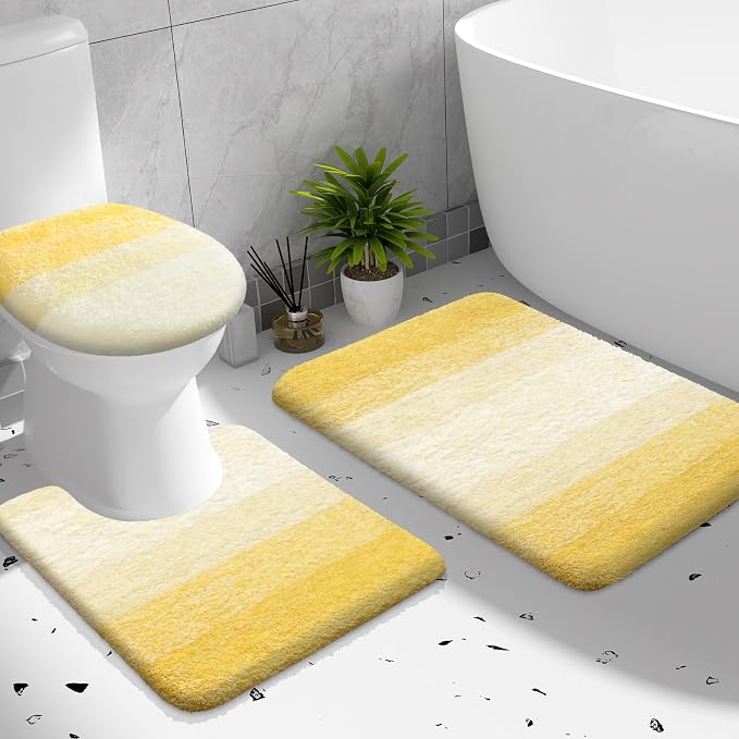 OLANLY Bathroom Rugs Sets 3 piece, Soft Microfiber Absorbent Bath Mat, U-Shaped Contour Toilet Mat and Toilet Lid Cover, Quick Dry, Machine Washable, Toilet Cover and Rug Set for Bathroom, Yellow