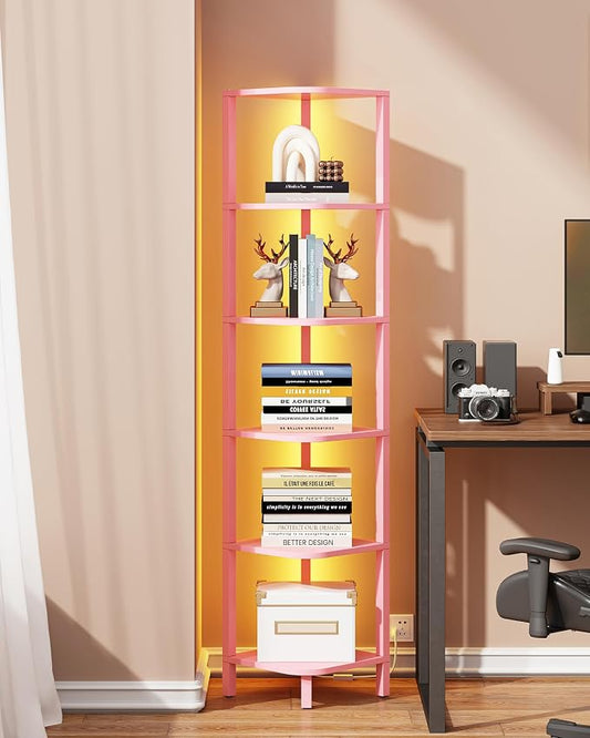 TUTOTAK Corner Shelf with LED Light, 6-Tier Corner Bookshelf for Small Space, Narrow Display Corner Shelf Stand with Storage Rack, for Living Room, Bedroom, Pink BS08BP006L