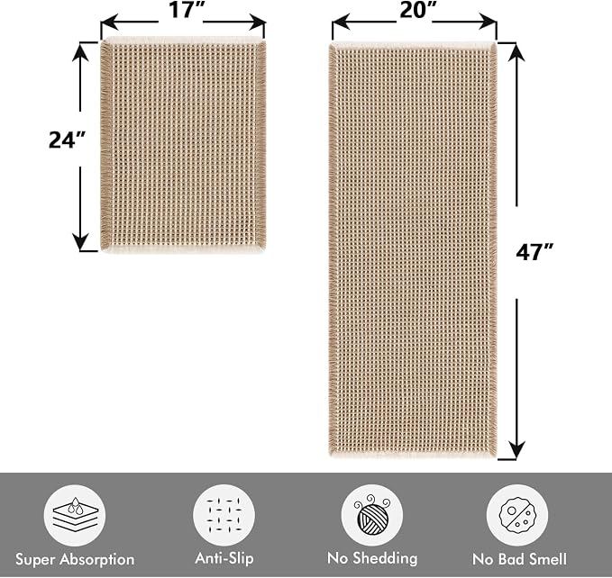 MIULEE Set of 2 Waffle Bathroom Rugs Brown&White Bath Mat 17"x24"+20"x47" | Non Slip, Super Absorbent, Washable, Ultra Soft, Rubber Backed, Small Boho Bath Rug and Bathroom Runner for Floor Tub Shower