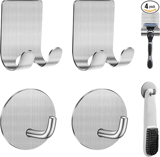 Diesisa Razor Holder for Shower + Adhesive Wall Hooks, Premium 304 Stainless Steel Shower Razor Holder with Heavy Duty Waterproof Sticky Hooks for Hanging Towels, Coat, hat (2+2 Pack)