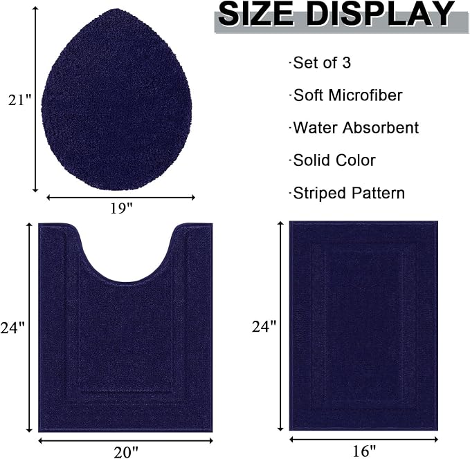 SHACOS Microfiber Bathroom Rugs Set of 3 with Toilet Lid Cover | Non Slip Washable Bath Mat Absorbent Bathroom Carpet 16"x24"+U Shape Toilet Rug 20"x24"+Toilet Lid Cover 19"x21", Navy Blue