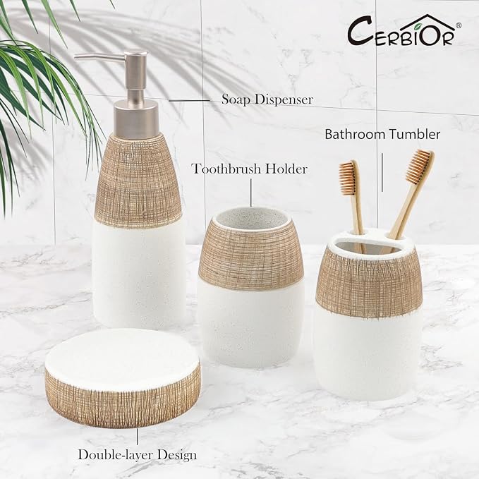 CERBIOR Bathroom Accessories Set,4 PCS Ceramic Bath Accessory,Brown White | Includes Toothbrush Holder, Toothbrush Cup, Soap Dish for Decorative Countertop and Housewarming Gift