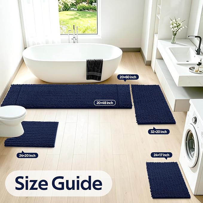 ACCUMTEK Upgrade Luxury 2 Piece Navy Blue Toilet Bathroom Rug Mat 48"x20"+24"x17", Ultra Soft Thick Absorbent Bath Mats, Non Slip Chenille Toilet Mat for Bathroom, Bedroom, Kitchen, Shower, Tub