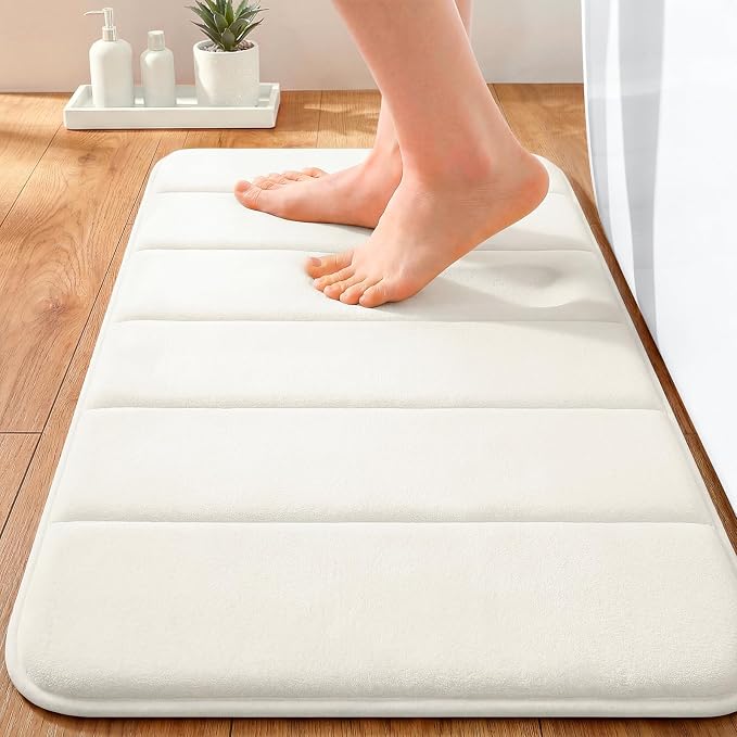 OLANLY Memory Foam Bath Mat 35x16, Super Soft and Absorbent Bathroom Rugs | Ivory, Quick Dry Bath Rug, Machine Washable Shower Floor Mats, Bathmat Carpet for Bathroom Floor, Tub and Shower