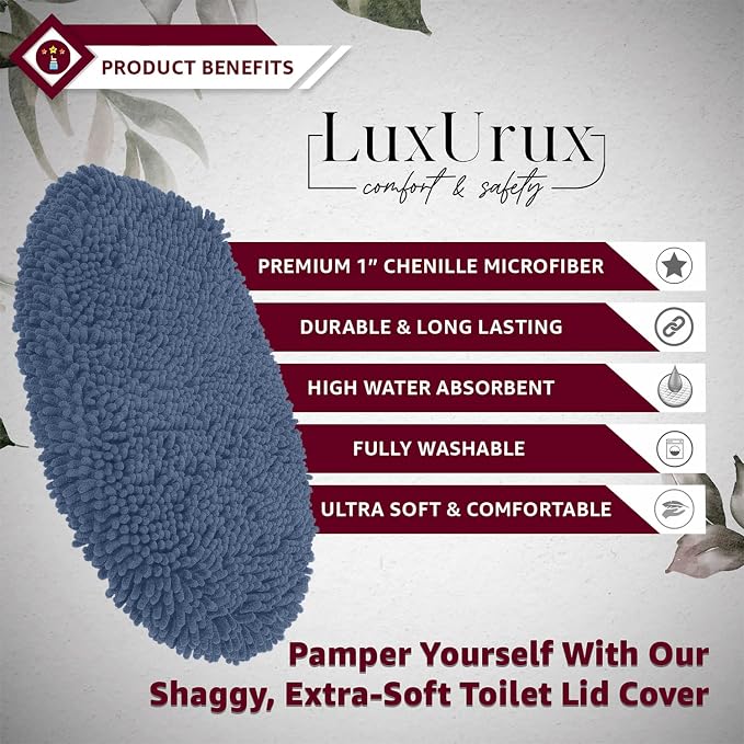 LuxUrux Toilet Lid Cover with Stretch Fit Elastic Band – Chenille Microfiber Toilet Seat Non-Slip Cover for Bathroom – Soft Plush, Machine Wash And Dry, Comfort & Clean Look (18 x 21'', Medium Blue)