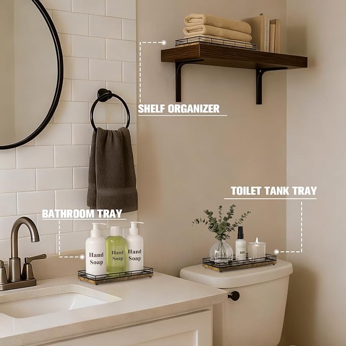 Bathroom Vanity Tray for Countertop, 12" x 6" Wood Toilet Tank Tray with Metal Guardrail, Bathroom Organizer for Soap, Perfume & Skincare, Non-Slip Decorative Tray for Dresser, Black & Rustic Brown