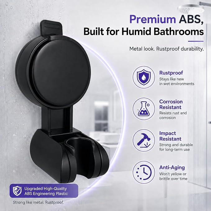 Suction Shower Head Holder, Black Adjustable Handheld Shower Wand Holder for Bathroom Wall, No Drill Vacuum Suction Cup Shower Bracket Removable Shower Holder for Smooth Surface