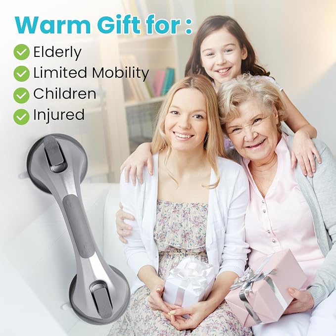 TAILI Shower Grab Bar, 12 Inch Shower Handle for Bathtubs and Elderly, Suction Grab Bars for Seniors Bathroom Safety Handles for Elderly, No Drilling Removable, Silver,G9