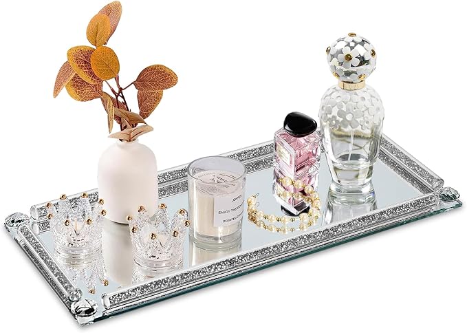Silver Mirror Perfume Tray for Dresser,Crushed Diamond Filled Glass Vanity Tray,Decorative Bathroom Tray,Crystal Tray for Home Decorative,Party,Hotel Banquet,13.8''x5.9''x1'',Silver