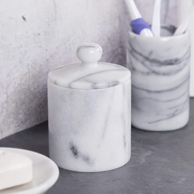 Creative Home Natural Marble Cotton Swab Canister with Lid, Off-White